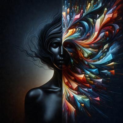 The primary subject of the image is a woman, who is depicted in two different ways. One half of her is shown as a black silhouette, while the other half is a vibrant, colorful, and abstract design. The setting is a dark background, which contrasts with the bright colors of the woman's abstract half. The visual style is a combination of digital art and illustration, creating a unique and eye-catching image. The dominant colors are black and various shades of color, giving the image a